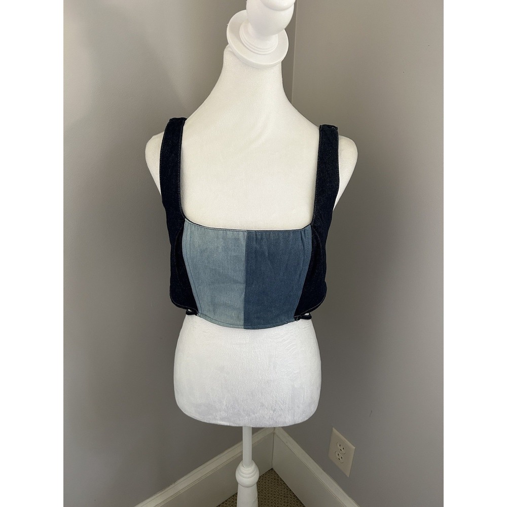 Le Lis  Denim Patchwork Crop Top Dark Wash Retro New small‎
